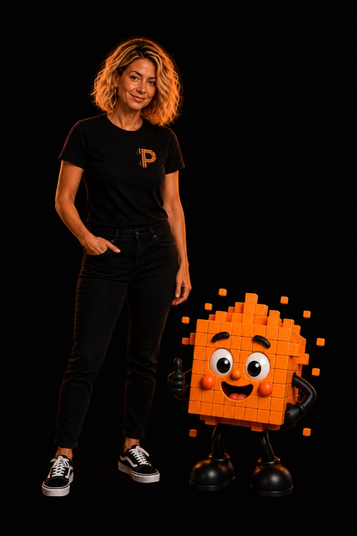 Mara und Pixel, die Pixelmar-Markenfiguren für Instagram-Content mit KI
